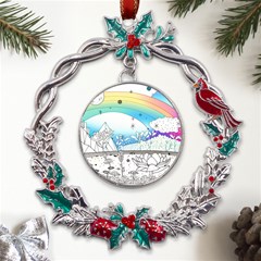 Rainbow Fun Cute Minimal Doodle Drawing Metal X mas Wreath Holly Leaf Ornament