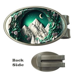 Christmas Wreath Winter Mountains Snow Stars Moon Money Clips (oval)  by Ravend