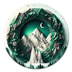 Christmas Wreath Winter Mountains Snow Stars Moon Magnet 5  (round) by Ravend