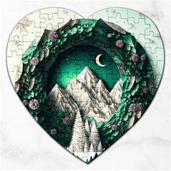 Christmas Wreath Winter Mountains Snow Stars Moon Jigsaw Puzzle (heart) by Ravend