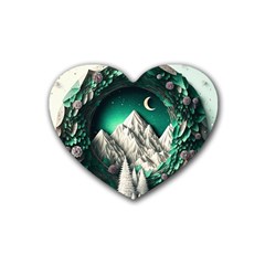 Christmas Wreath Winter Mountains Snow Stars Moon Rubber Coaster (heart) by Ravend