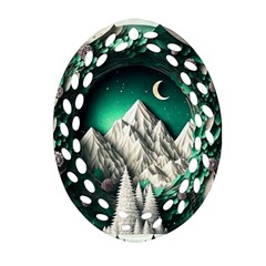 Christmas Wreath Winter Mountains Snow Stars Moon Ornament (oval Filigree) by Ravend