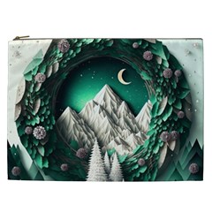 Christmas Wreath Winter Mountains Snow Stars Moon Cosmetic Bag (xxl) by Ravend