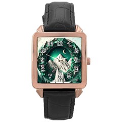 Christmas Wreath Winter Mountains Snow Stars Moon Rose Gold Leather Watch  by Ravend