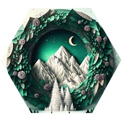 Christmas Wreath Winter Mountains Snow Stars Moon Wooden Puzzle Hexagon by Ravend