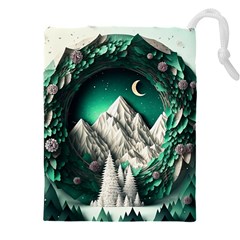 Christmas Wreath Winter Mountains Snow Stars Moon Drawstring Pouch (4xl) by Ravend