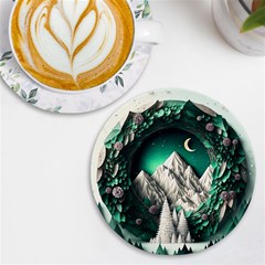 Christmas Wreath Winter Mountains Snow Stars Moon Uv Print Round Tile Coaster by Ravend