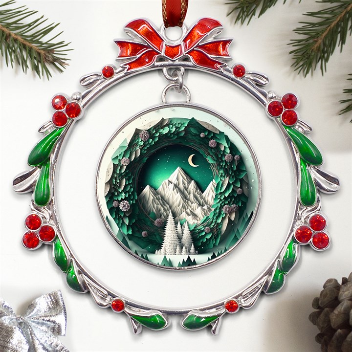 Christmas Wreath Winter Mountains Snow Stars Moon Metal X mas Wreath Ribbon Ornament