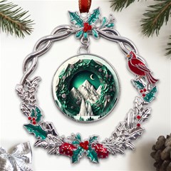 Christmas Wreath Winter Mountains Snow Stars Moon Metal X mas Wreath Holly Leaf Ornament by Ravend