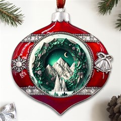 Christmas Wreath Winter Mountains Snow Stars Moon Metal Snowflake And Bell Red Ornament by Ravend