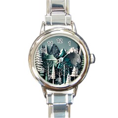 Forest Papercraft Trees Background Round Italian Charm Watch by Ravend