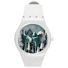 Forest Papercraft Trees Background Round Plastic Sport Watch (m) by Ravend