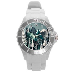 Forest Papercraft Trees Background Round Plastic Sport Watch (l) by Ravend