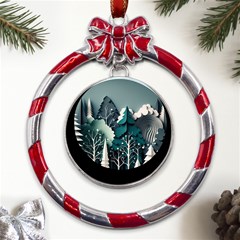 Forest Papercraft Trees Background Metal Red Ribbon Round Ornament