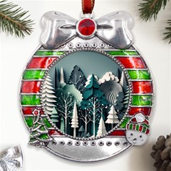 Forest Papercraft Trees Background Metal X mas Ribbon With Red Crystal Round Ornament