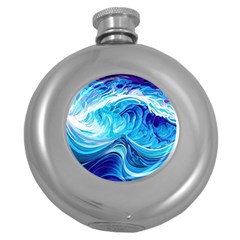 Tsunami Waves Ocean Sea Nautical Nature Water Round Hip Flask (5 Oz) by Ravend