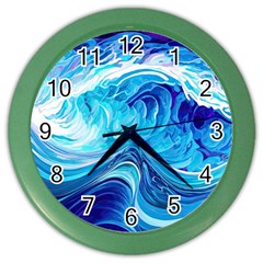 Tsunami Waves Ocean Sea Nautical Nature Water Color Wall Clock by Ravend