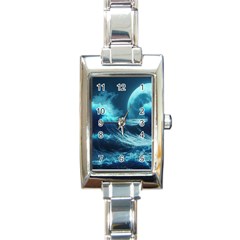 Moonlight High Tide Storm Tsunami Waves Ocean Sea Rectangle Italian Charm Watch by Ravend