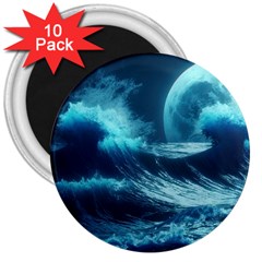 Moonlight High Tide Storm Tsunami Waves Ocean Sea 3  Magnets (10 Pack)  by Ravend