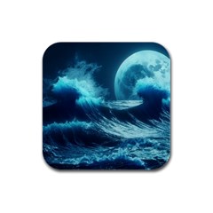 Moonlight High Tide Storm Tsunami Waves Ocean Sea Rubber Square Coaster (4 Pack) by Ravend