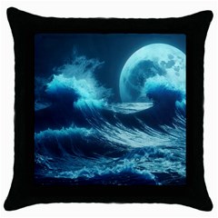 Moonlight High Tide Storm Tsunami Waves Ocean Sea Throw Pillow Case (black) by Ravend