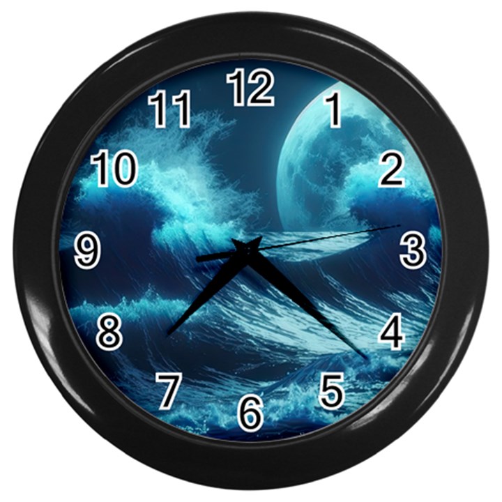 Moonlight High Tide Storm Tsunami Waves Ocean Sea Wall Clock (Black)