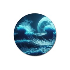 Moonlight High Tide Storm Tsunami Waves Ocean Sea Magnet 3  (round) by Ravend