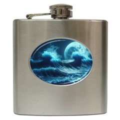 Moonlight High Tide Storm Tsunami Waves Ocean Sea Hip Flask (6 Oz) by Ravend