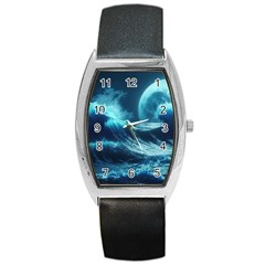 Moonlight High Tide Storm Tsunami Waves Ocean Sea Barrel Style Metal Watch by Ravend