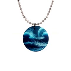 Moonlight High Tide Storm Tsunami Waves Ocean Sea 1  Button Necklace by Ravend