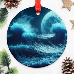 Moonlight High Tide Storm Tsunami Waves Ocean Sea Round Ornament (two Sides) by Ravend