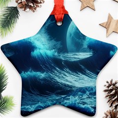 Moonlight High Tide Storm Tsunami Waves Ocean Sea Star Ornament (two Sides) by Ravend