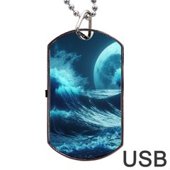 Moonlight High Tide Storm Tsunami Waves Ocean Sea Dog Tag Usb Flash (two Sides) by Ravend