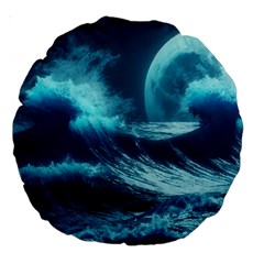 Moonlight High Tide Storm Tsunami Waves Ocean Sea Large 18  Premium Round Cushions by Ravend