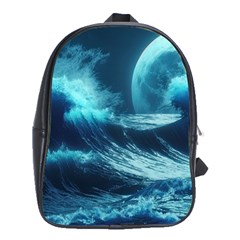 Moonlight High Tide Storm Tsunami Waves Ocean Sea School Bag (xl) by Ravend