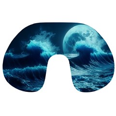 Moonlight High Tide Storm Tsunami Waves Ocean Sea Travel Neck Pillow by Ravend