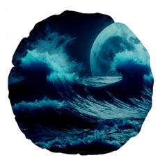 Moonlight High Tide Storm Tsunami Waves Ocean Sea Large 18  Premium Flano Round Cushions by Ravend