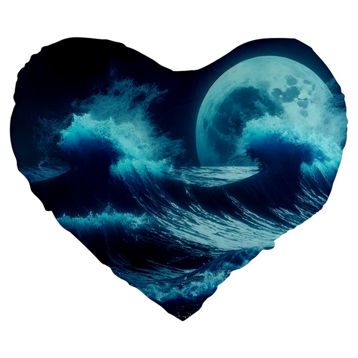 Moonlight High Tide Storm Tsunami Waves Ocean Sea Large 19  Premium Flano Heart Shape Cushions