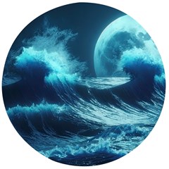 Moonlight High Tide Storm Tsunami Waves Ocean Sea Wooden Bottle Opener (round) by Ravend