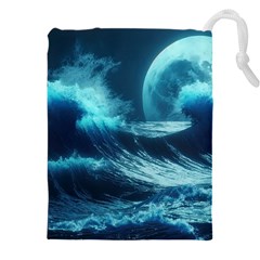 Moonlight High Tide Storm Tsunami Waves Ocean Sea Drawstring Pouch (4xl) by Ravend