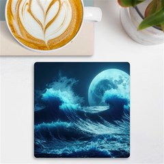 Moonlight High Tide Storm Tsunami Waves Ocean Sea Uv Print Square Tile Coaster  by Ravend