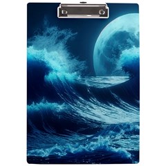 Moonlight High Tide Storm Tsunami Waves Ocean Sea A4 Acrylic Clipboard by Ravend