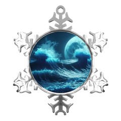 Moonlight High Tide Storm Tsunami Waves Ocean Sea Metal Small Snowflake Ornament by Ravend