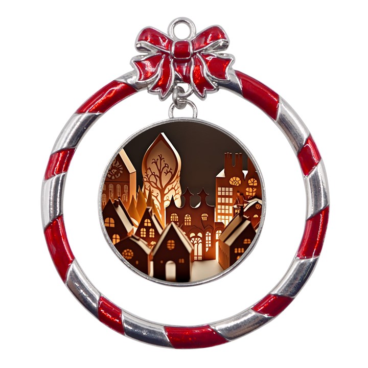 Gingerbread House Gingerbread Christmas Xmas Winter Metal Red Ribbon Round Ornament