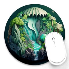 Waterfall Jungle Nature Paper Craft Trees Tropical Round Mousepad by Ravend