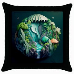 Waterfall Jungle Nature Paper Craft Trees Tropical Throw Pillow Case (black) by Ravend