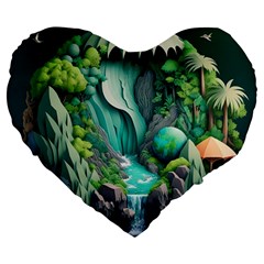 Waterfall Jungle Nature Paper Craft Trees Tropical Large 19  Premium Heart Shape Cushions by Ravend