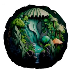 Waterfall Jungle Nature Paper Craft Trees Tropical Large 18  Premium Flano Round Cushions by Ravend