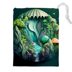 Waterfall Jungle Nature Paper Craft Trees Tropical Drawstring Pouch (5xl) by Ravend