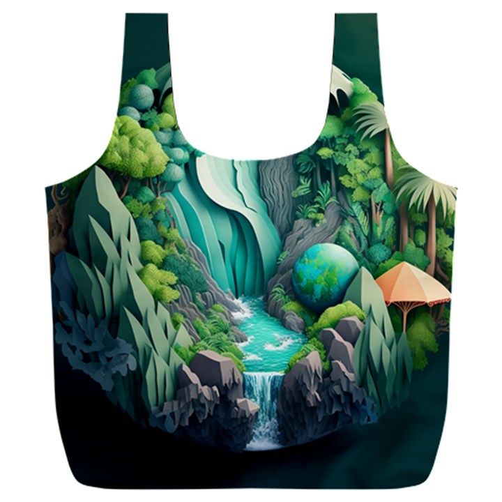 Waterfall Jungle Nature Paper Craft Trees Tropical Full Print Recycle Bag (XXL)